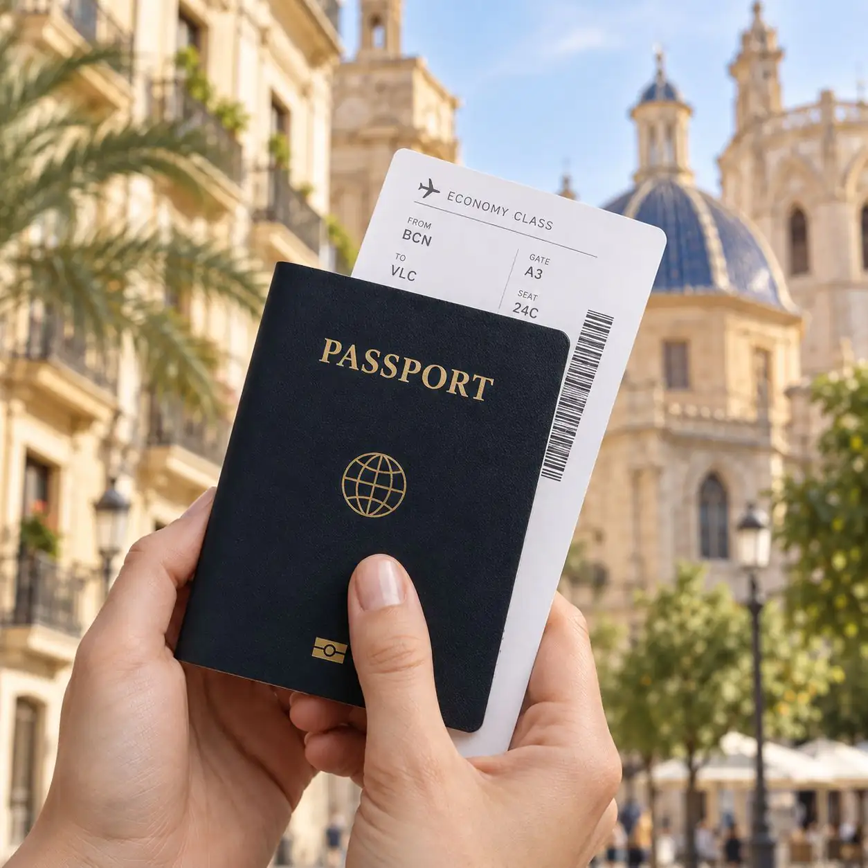 A passport and boarding pass held up in a Valencia square
